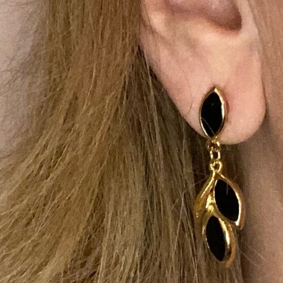 Gold and Black Drop Earrings with Two Leaf Design and Gold Accents - Picture 2 of 4